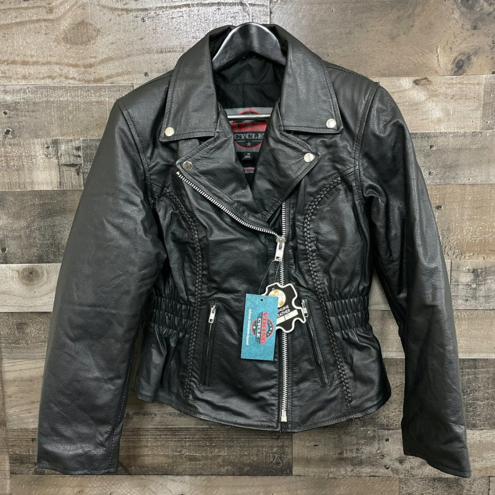Viking Cycle Cruise Black Leather Motorcycle Biker Jacket Womens M VC8000-M - Picture 2 of 7